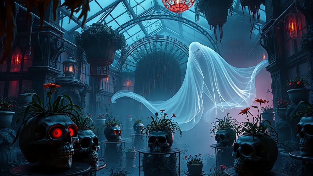 Ethereal Ghost in Mystical Skull Greenhouse