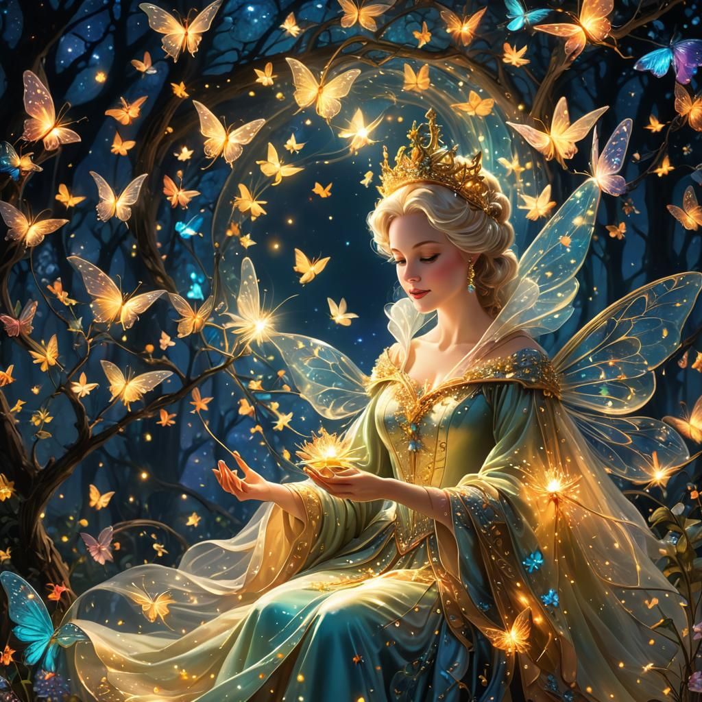 Radiant Fairy Godmother in Bioluminescent Nursery Rhymes