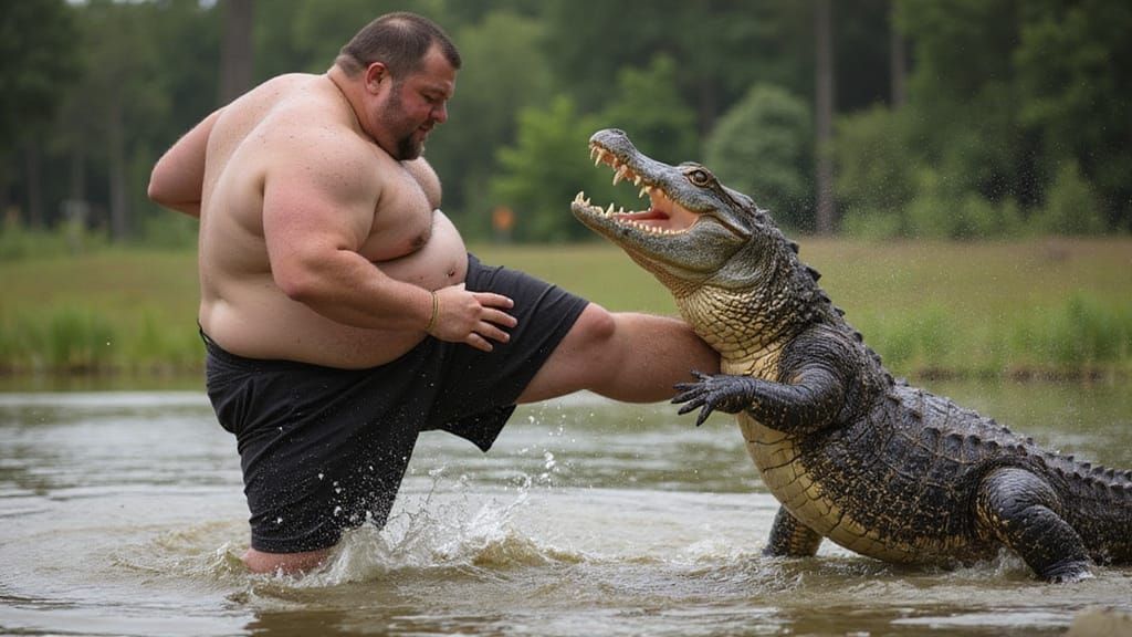 Overweight Man's Improbable Roundhouse Kick on Alligator