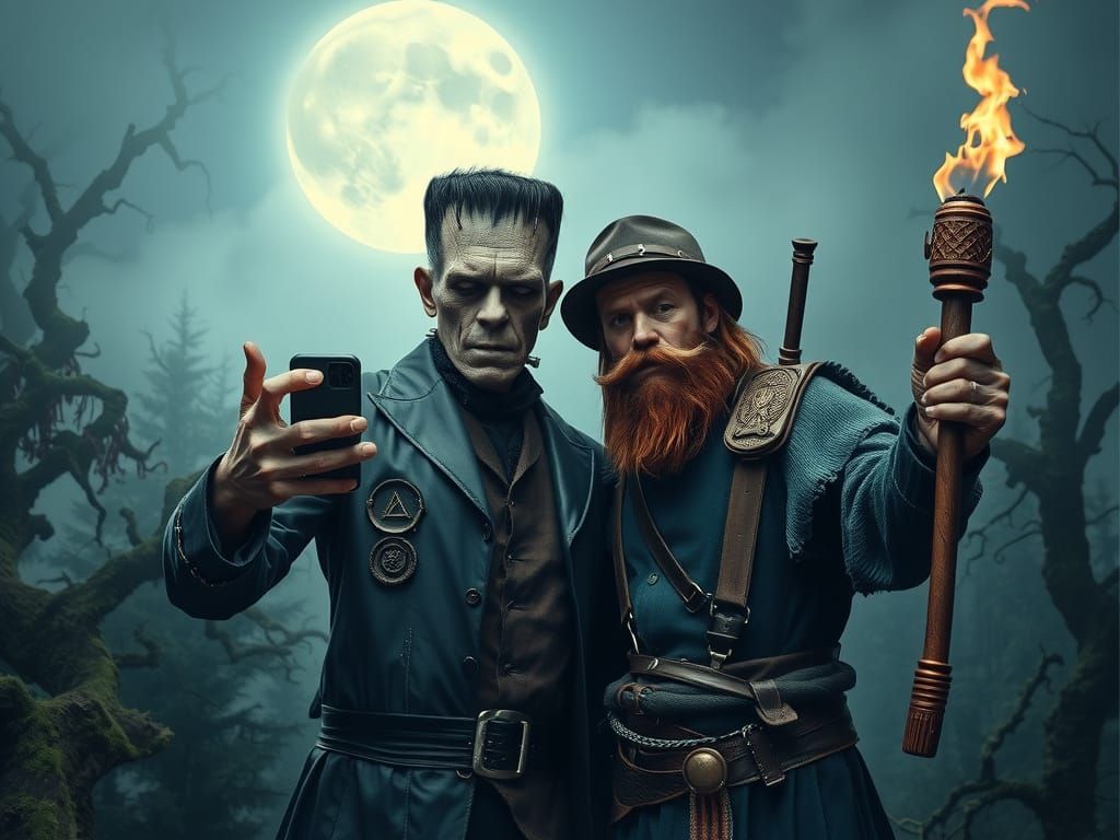 Gothic Monstrosity Selfie in Moonlit Forest
