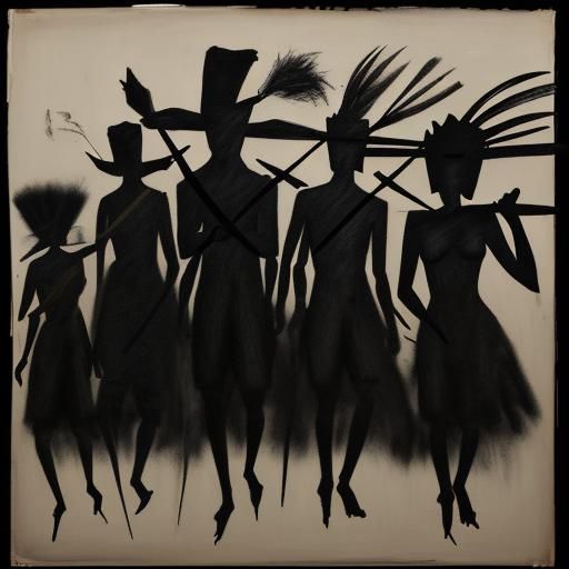 A charcoal drawing of a procession of shadow puppets, representing the history and politics of South Africa.
