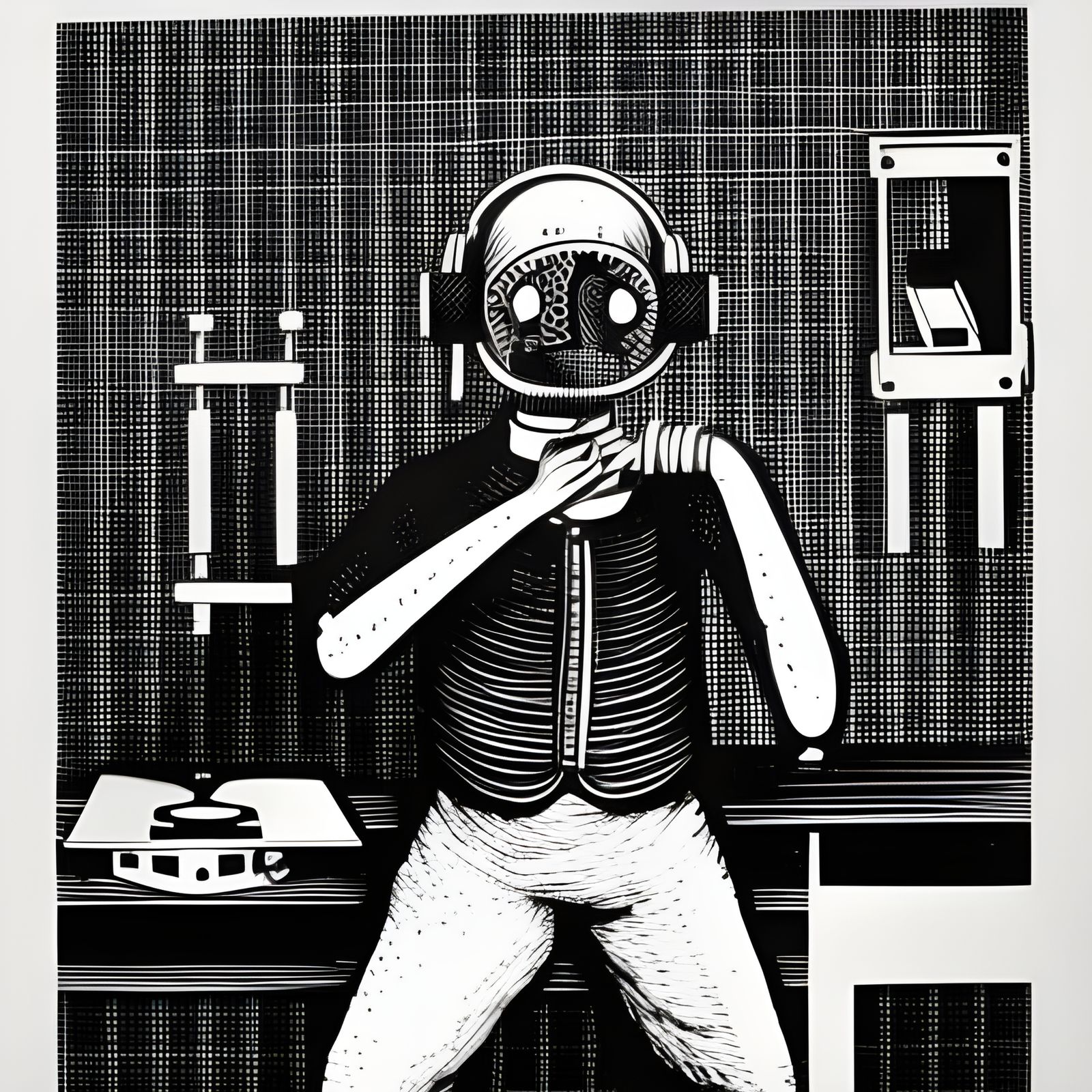 Checkered Worker Inside Tofu Machine, Linocut Style