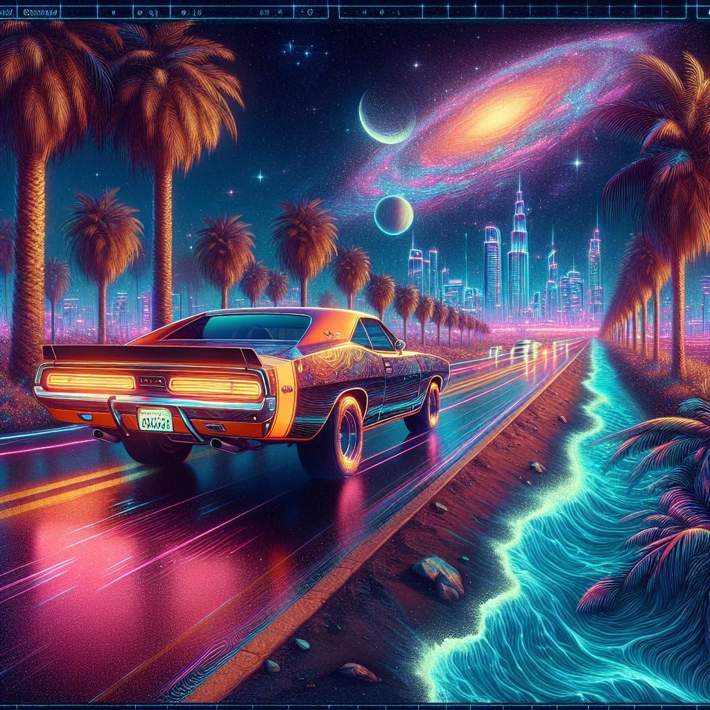 Muscle Car Cruises Beach at Night: Renaissance Style