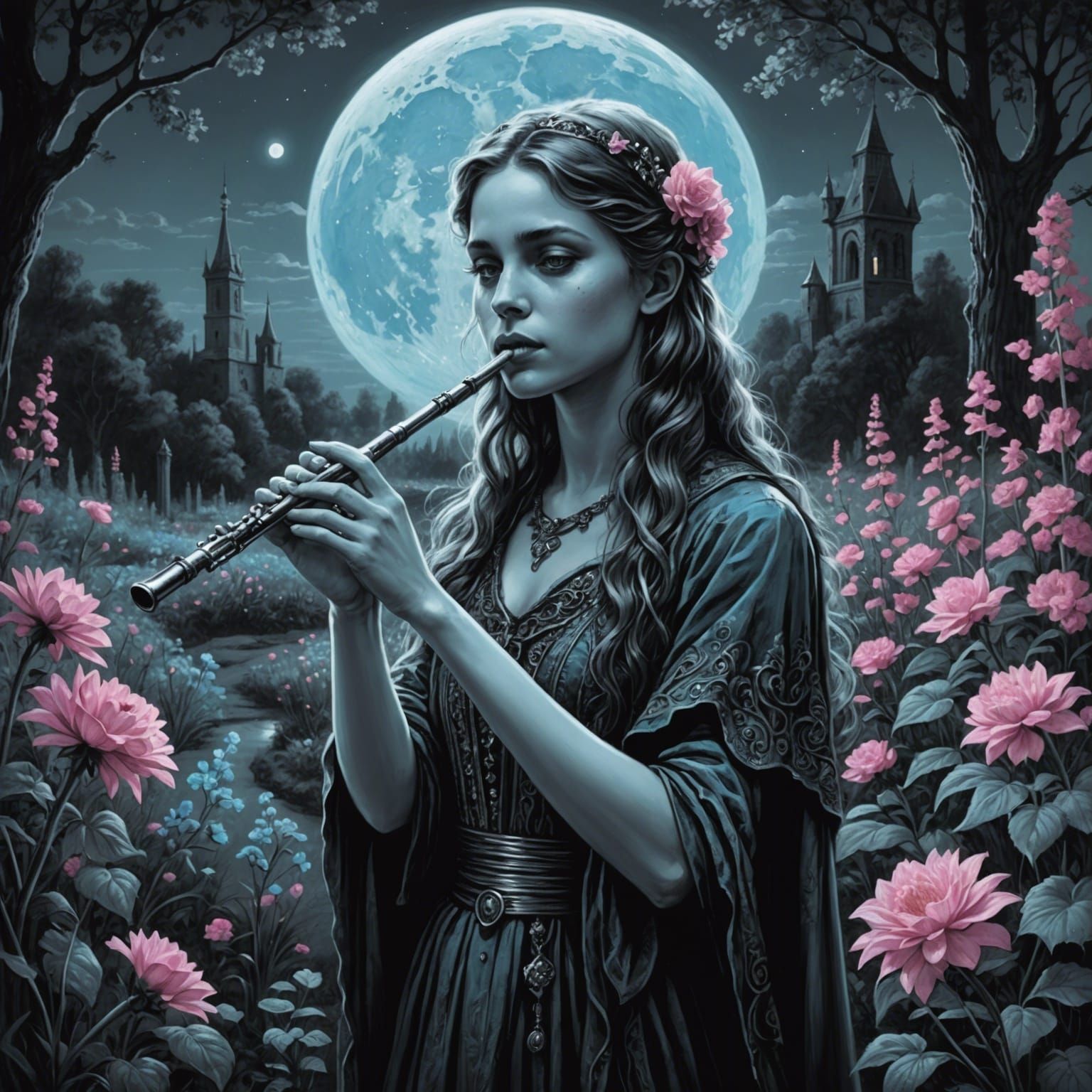 Teenage Sorceress in Synthwave Garden by Moonlight