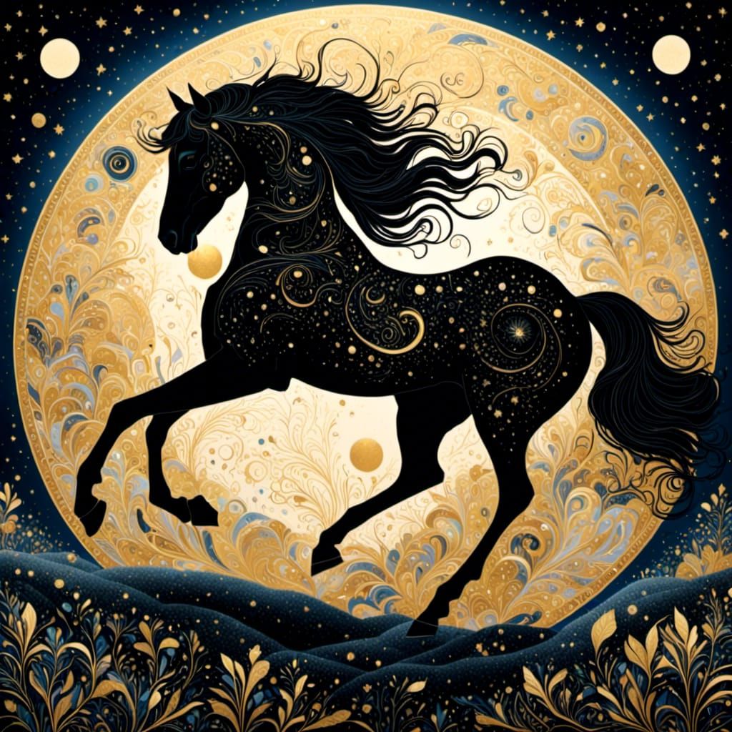 Silhouette of Horse Before Moon in Art Deco Style