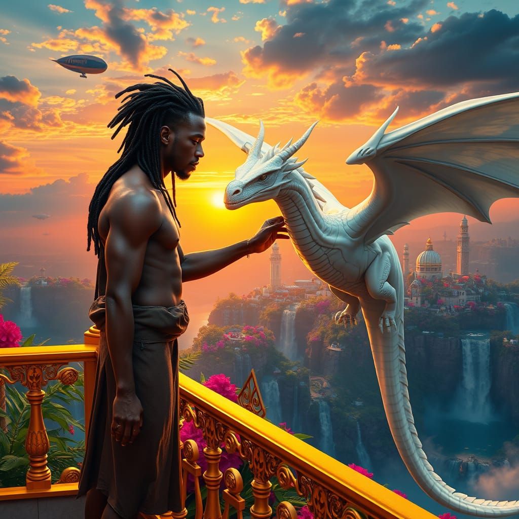 Man and Dragon on Palace Balcony at Sunset