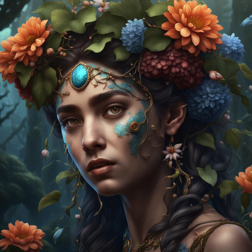 Young Satyress with Flowers, Detailed Matte Painting