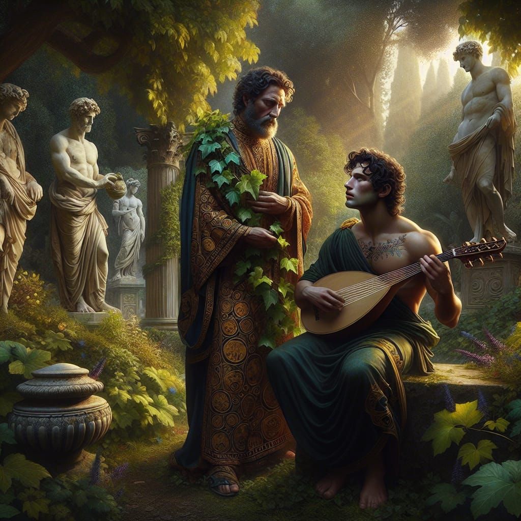 Roman Garden Scene in Pre-Raphaelite Style