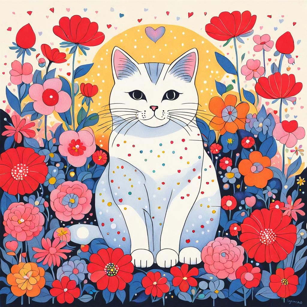 Cute Cat Surrounded by Flowers in Micro-Pop Art