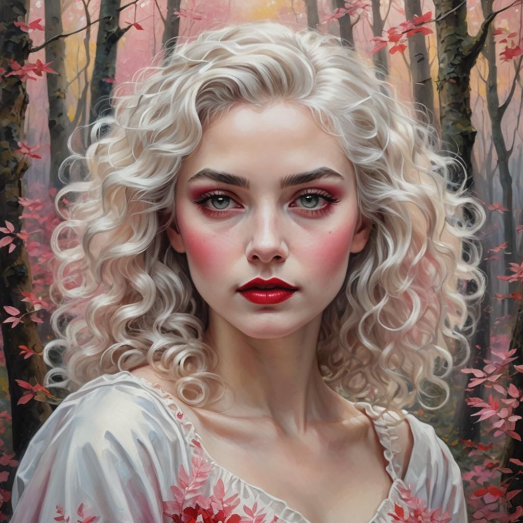 Woman with White Hair in Pink Forest, Oil Painting