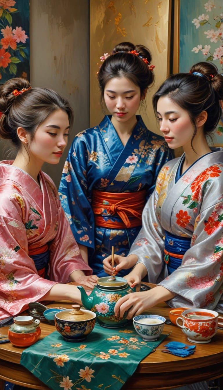 Three Modern Girls Celebrate Japanese Tea in Vibrant Oil Pai...
