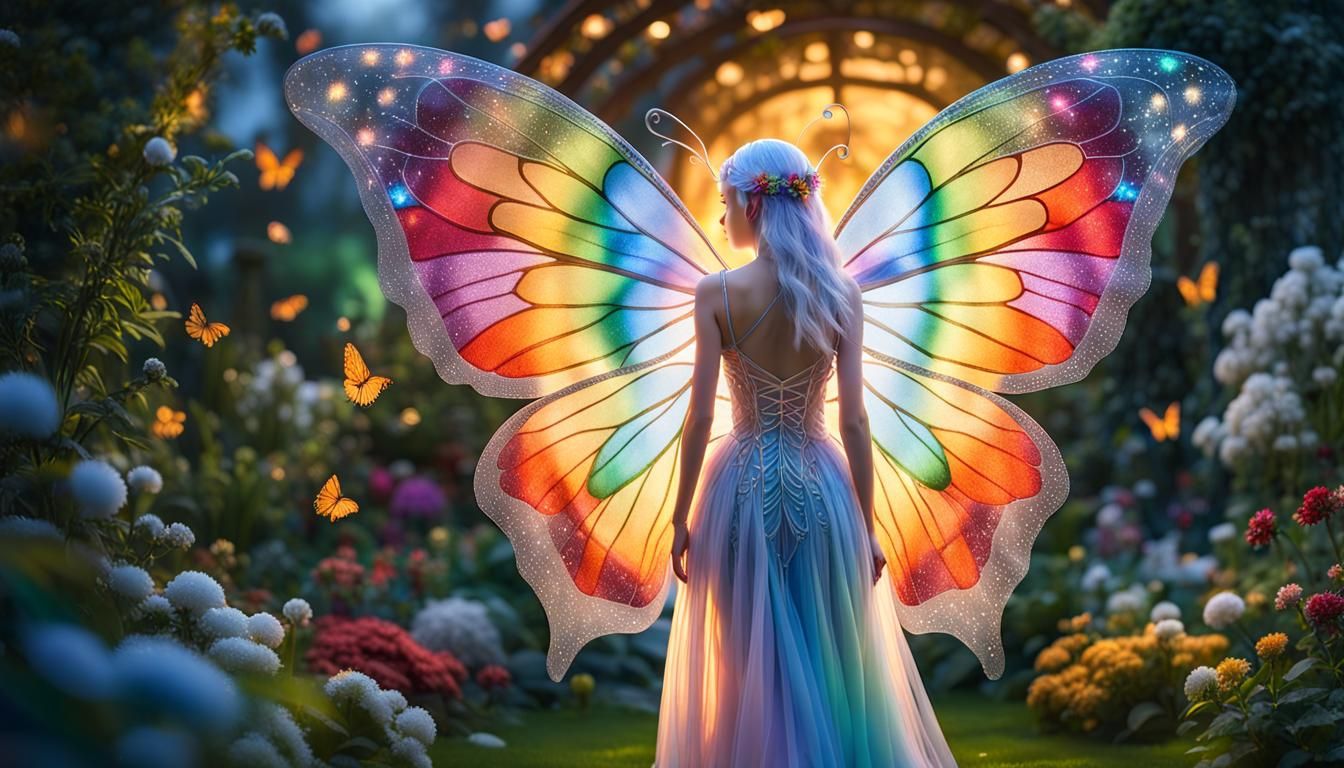 Rainbow Fairy with Butterfly Wings in Garden