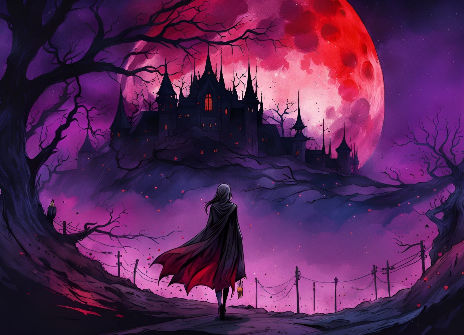 Horrific Gothic Landscape Under Violet Supermoon