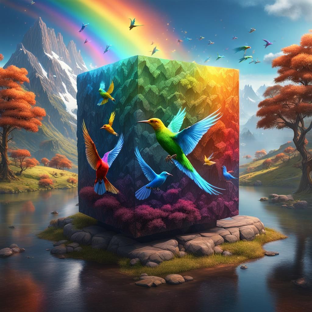 Cube with Majestic Scenery and Rainbow Birds