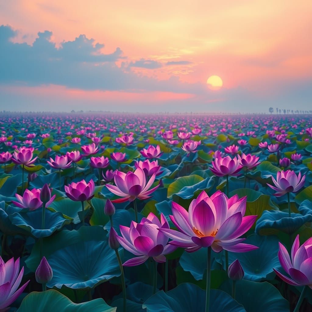 Majestic Lotus Fields in Vibrant Bloom