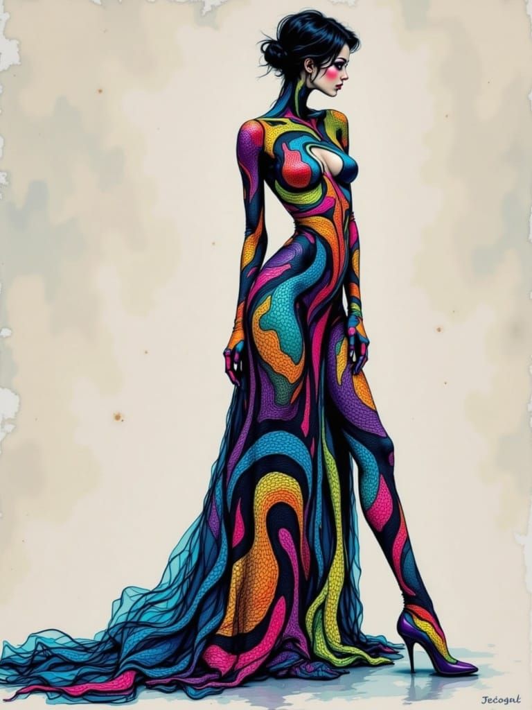 Ethereal Woman Transformed into Luminous Snake Skin Canvas