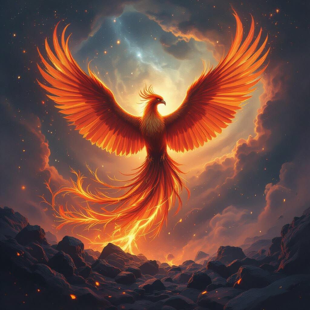 Majestic Phoenix Rising in Cosmic Firestorm