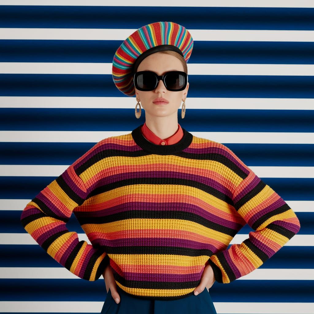 Confident Model in Vibrant 50's Style with Psychedelic Strip...