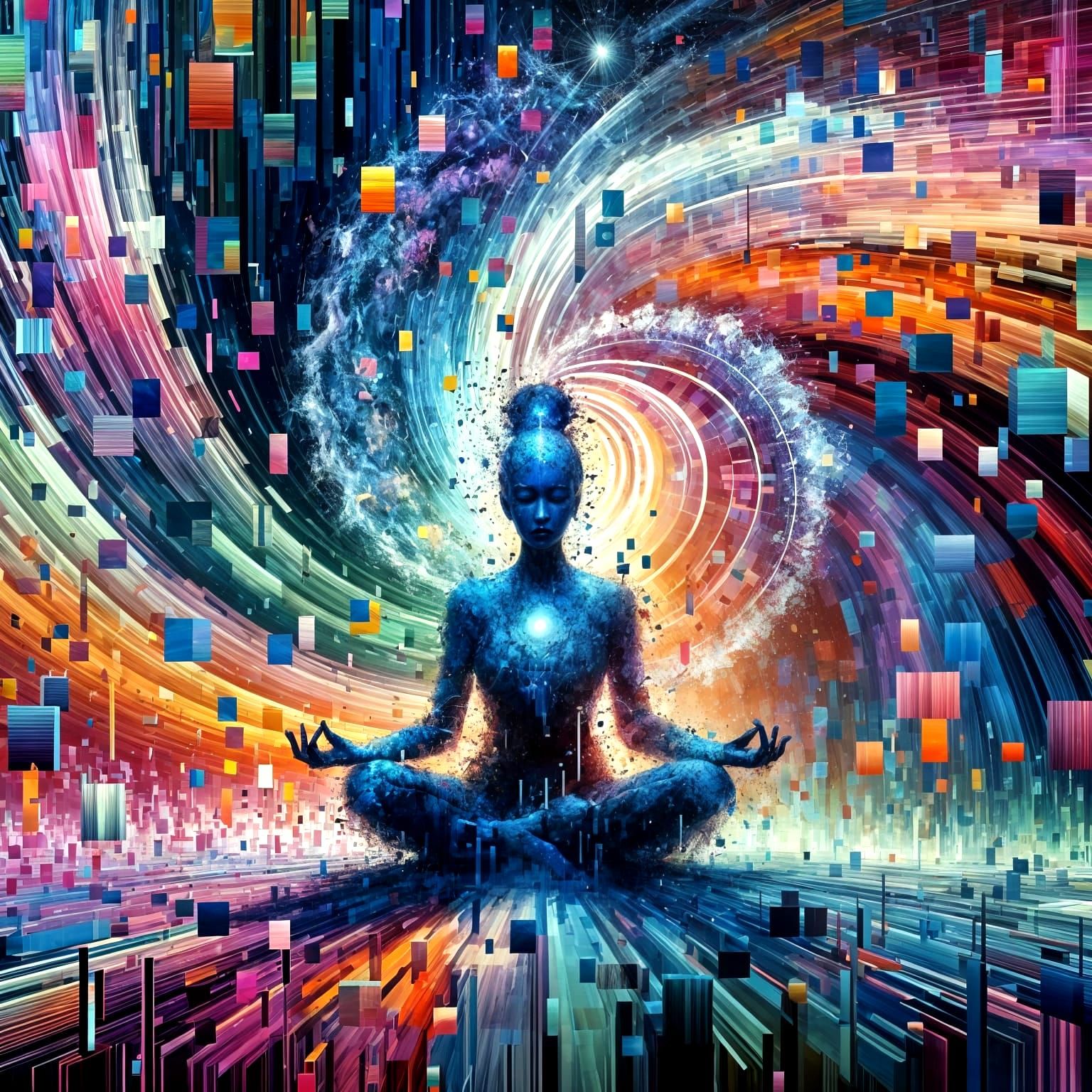 Tranquil Figure Meditating in Glitch Art Digital Disruption