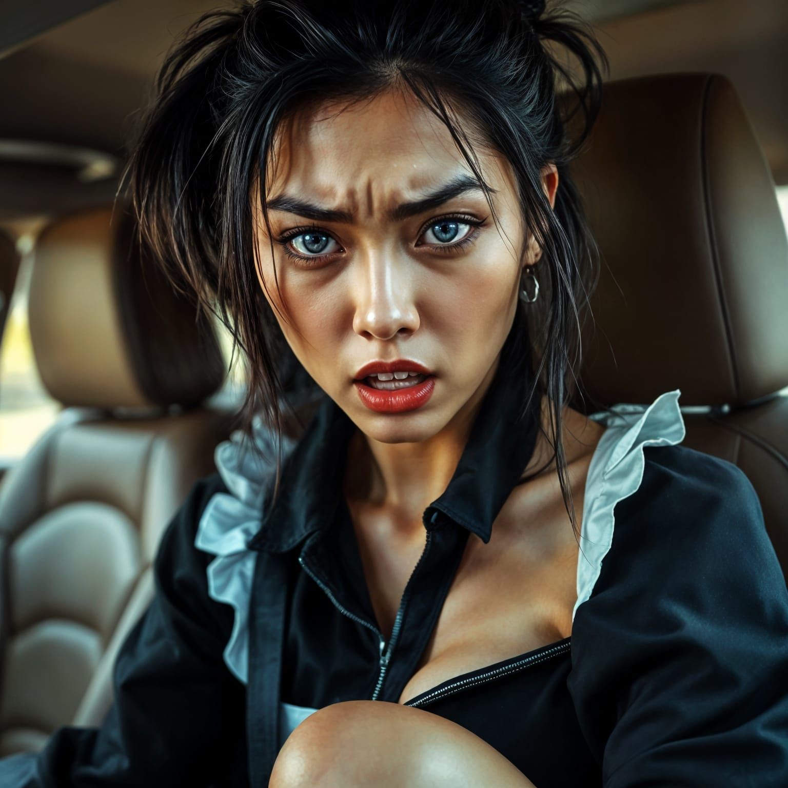 Photorealistic Portrait of a Vengeful Woman with Blue Eyes