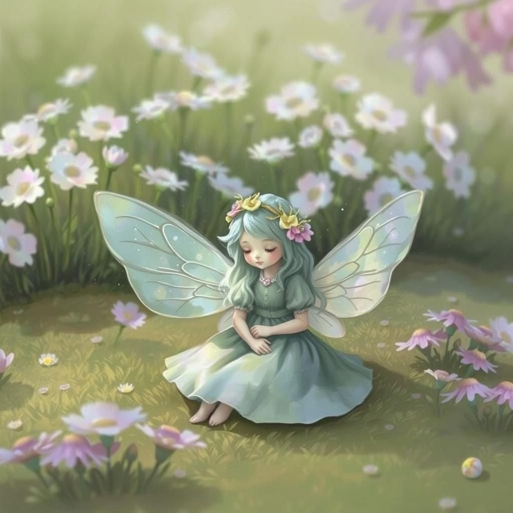 Enchanting Fairy on Daisy in Watercolor Style