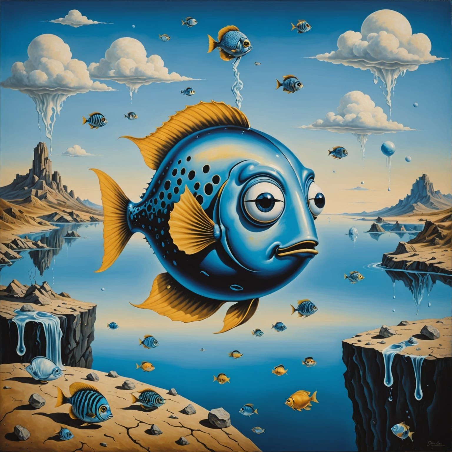 Surreal Blue Landscape with Floating Fish and Objects