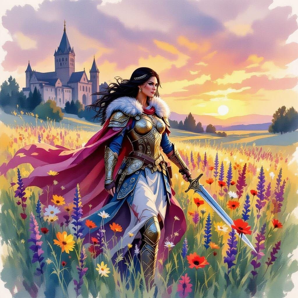 Valkyrie in Wildflowers at Sunset, Watercolor Style