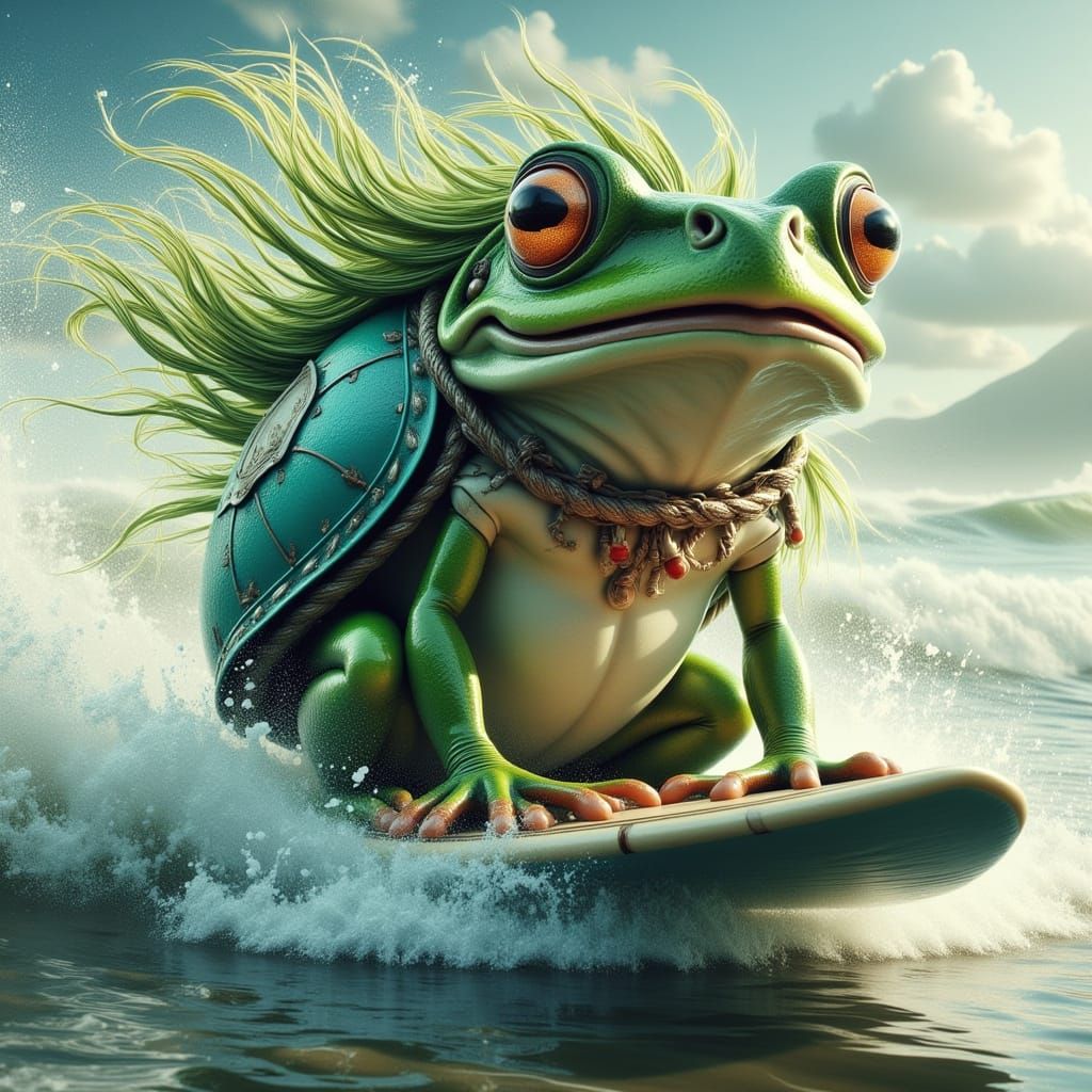Surfing Frog Creature with Shell and Beak