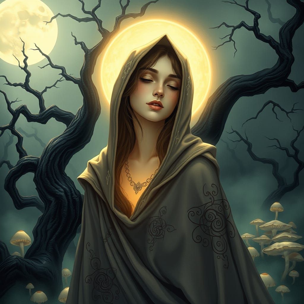 Mystical Woman in Moonlit Forest