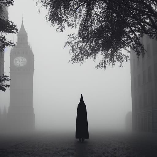 Misty Gothic City with Cloaked Figure