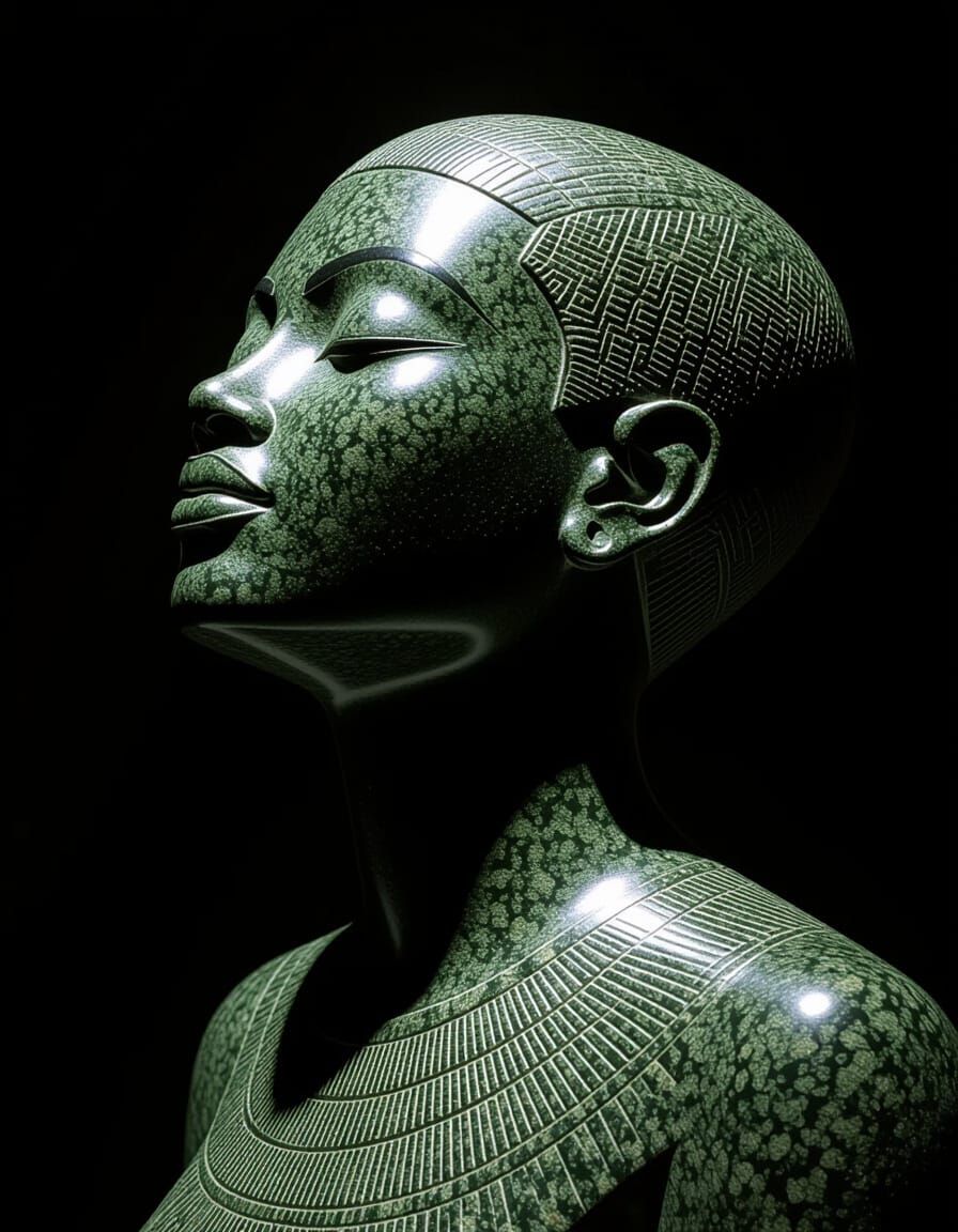Green Granite Statue of African Woman in Profile
