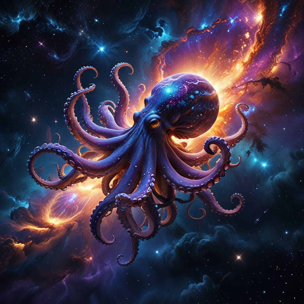 Cosmic Octopus Near Glowing Planet in Deep Space