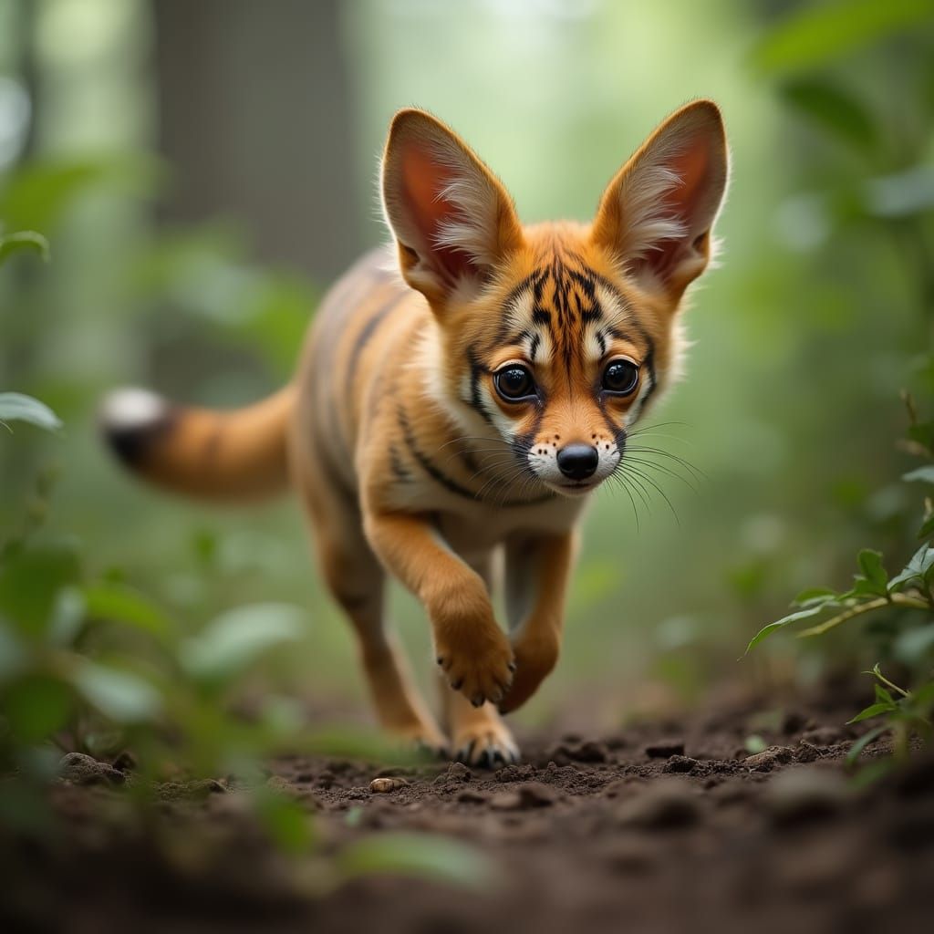 Hybrid Tiger Fox Dog Prowls Through Lush Jungle