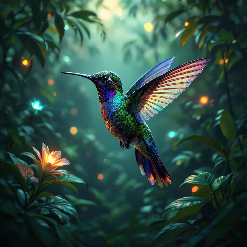Hummingbird with Stained Glass Wings in Bioluminescent Jungl...