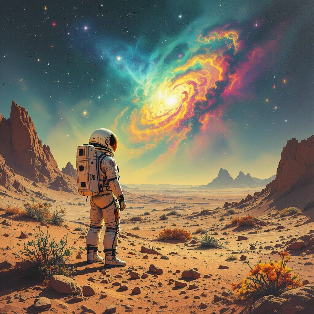 Astronaut Gazing at Nebula on Alien Planet