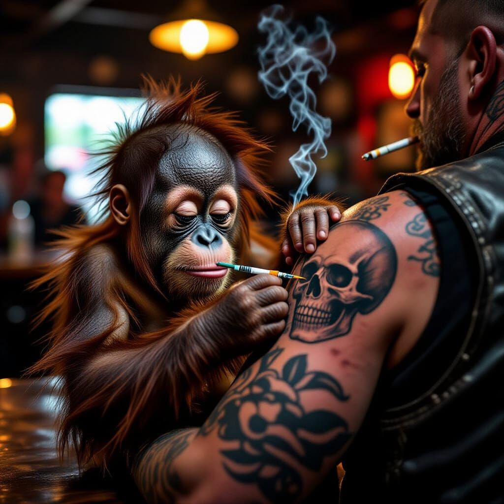 Orangutan Tattooing Biker in Dive Bar, Classic Style