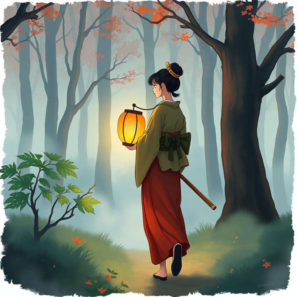 Samurai Woman Walks Through Mystical Forest