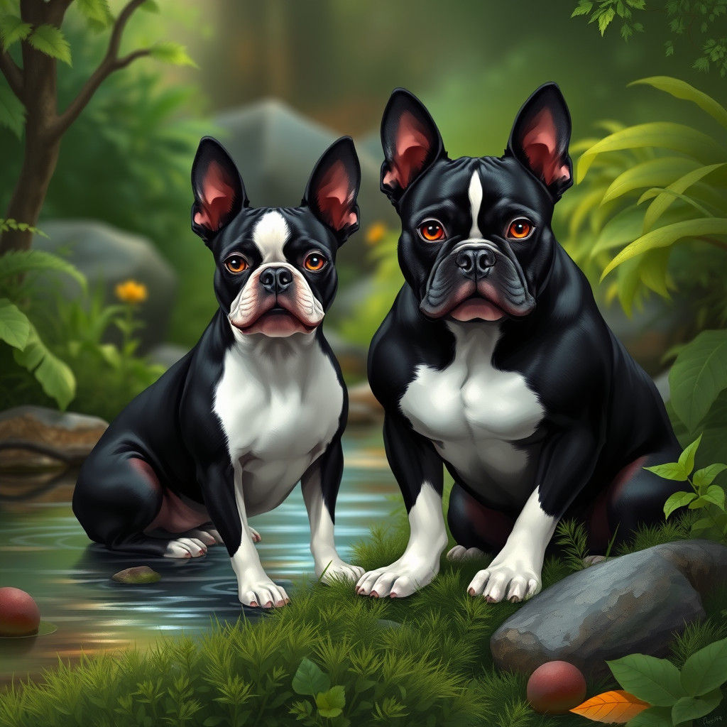 Boston Terriers in Harmonious Natural Setting