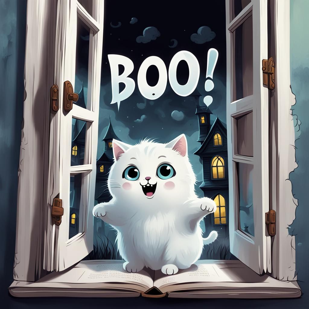 Cute Ghost Cat Says Boo in Haunted House