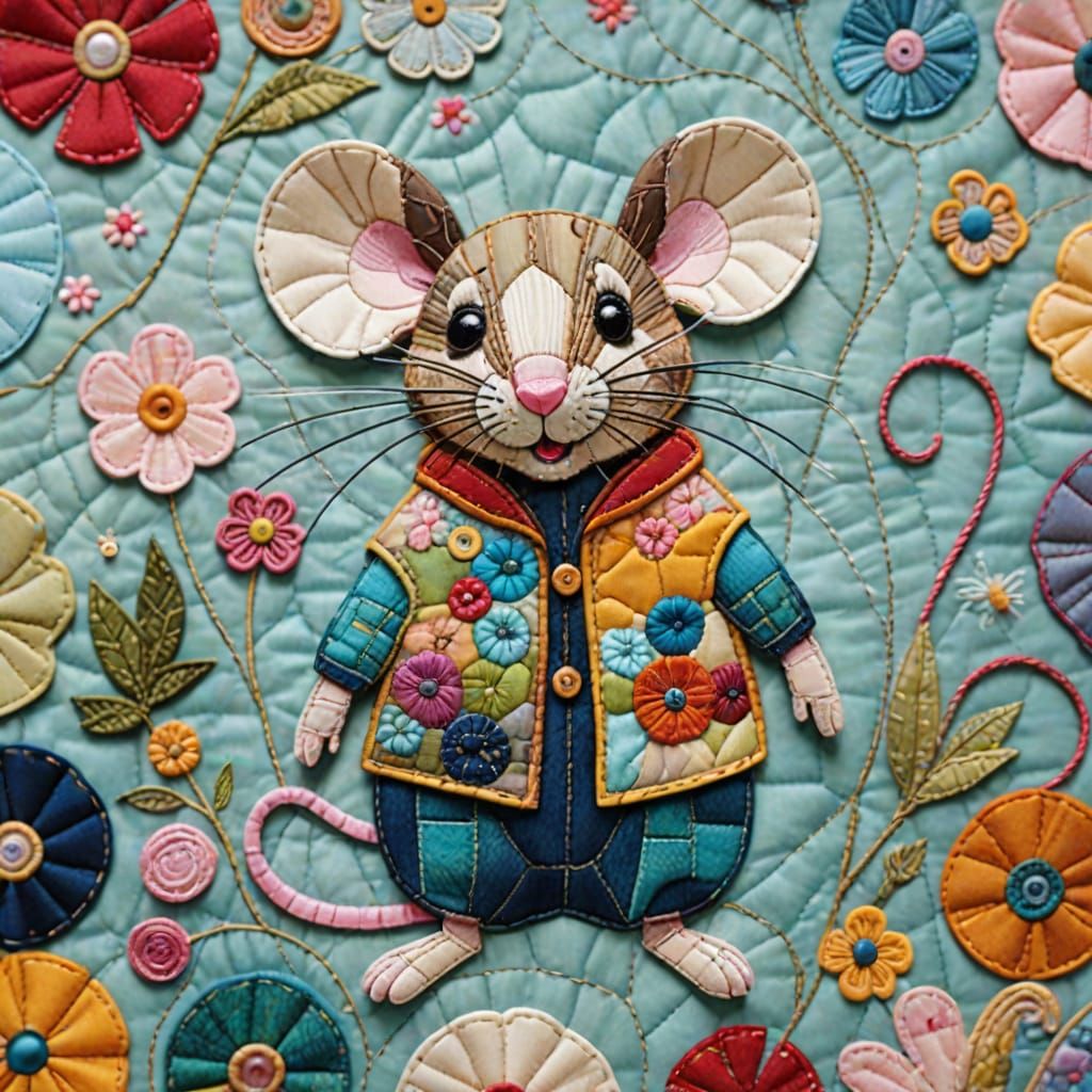 Whimsical Fabric Mouse in Naive Art Style