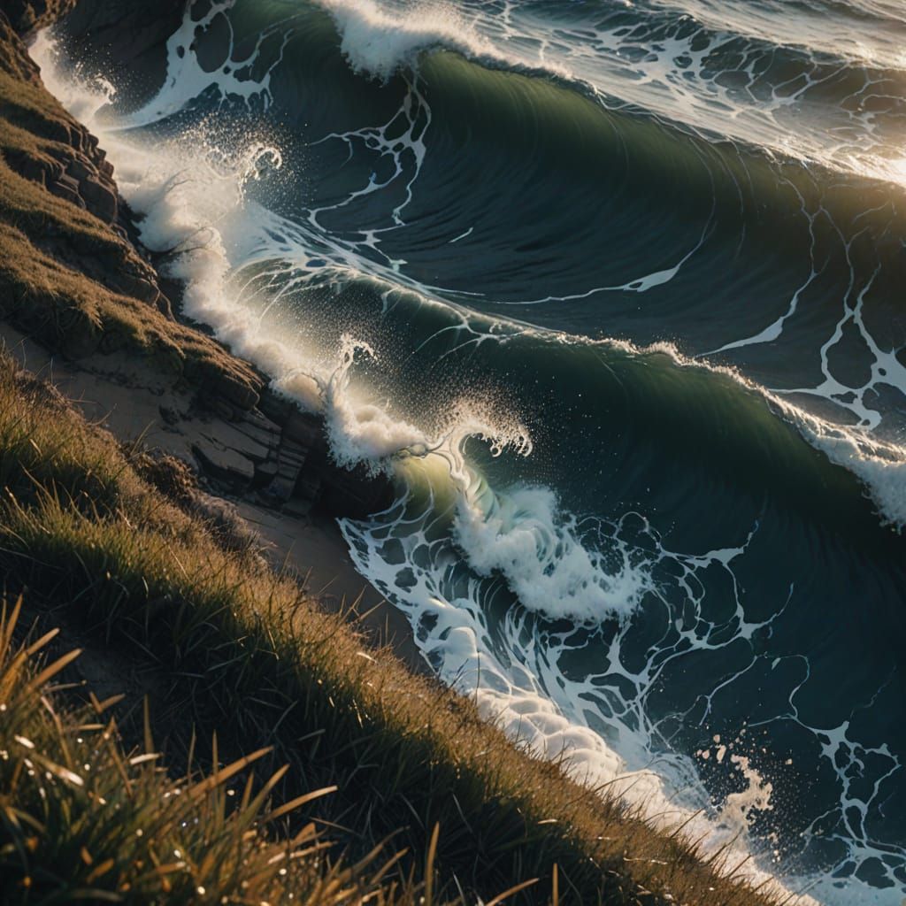 Dramatic Wave Crash on Cliff in Golden Light
