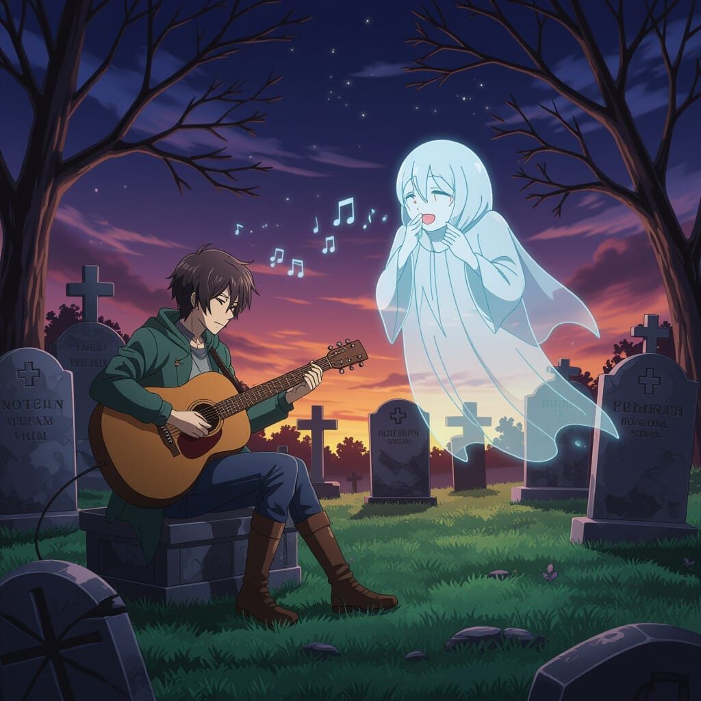 Anime Ghost Joins Musician in Haunted Graveyard