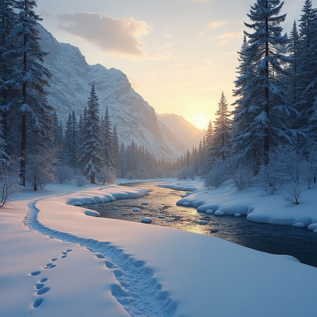 Serene Snowy Mountain Valley at Sunrise