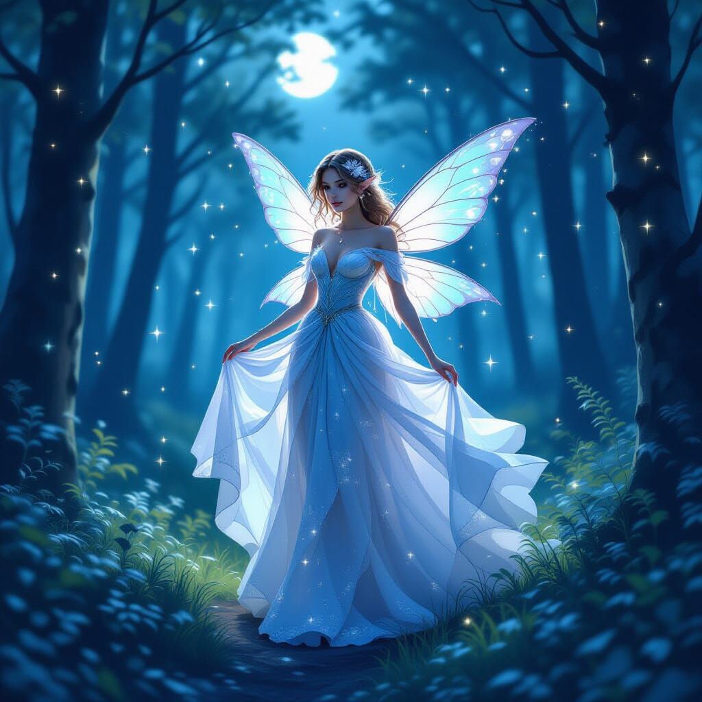 Fairy in Moonlit Forest with Twinkling Stars