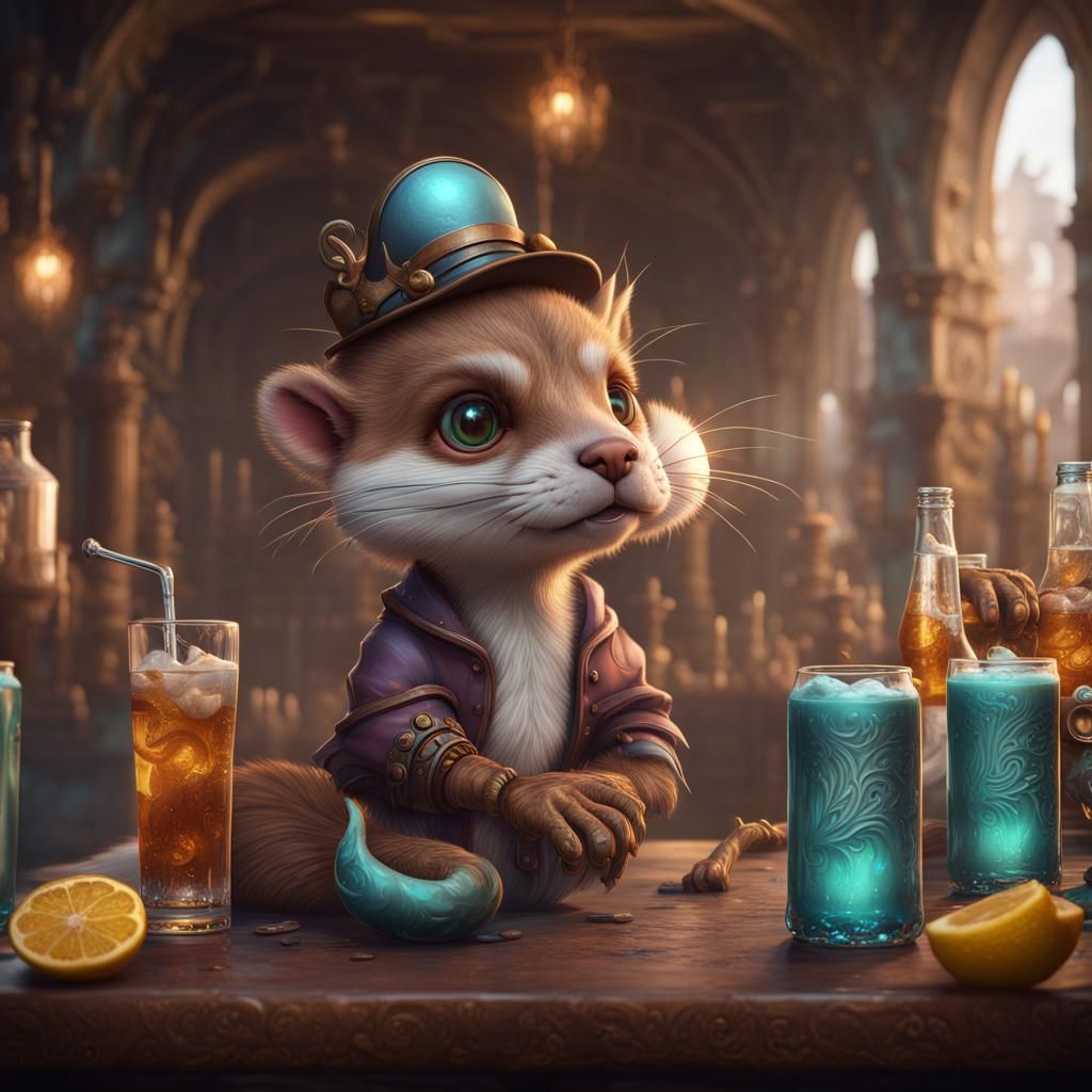 Fantastical Weasel Drinking Soda in Detailed Painting