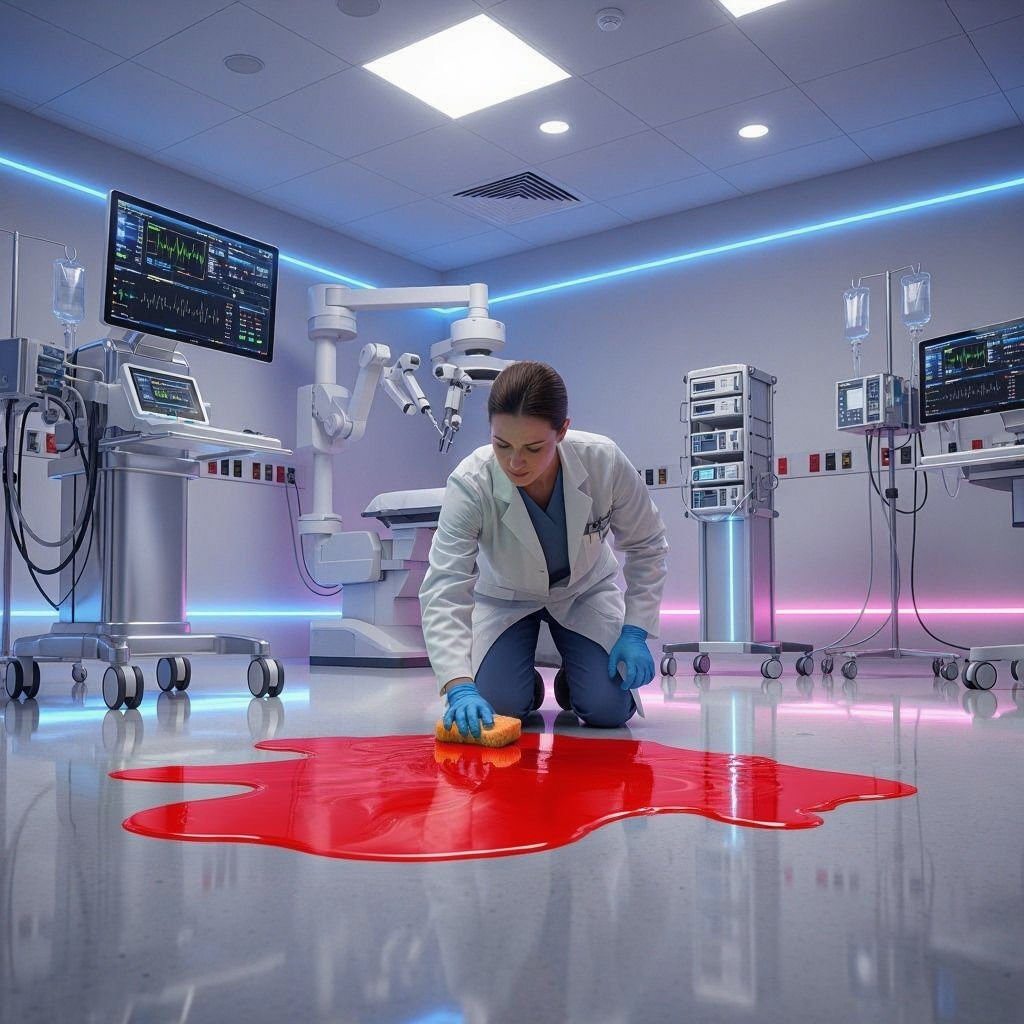 Hospital Cleaner in Lab Coat Cleaning Spill