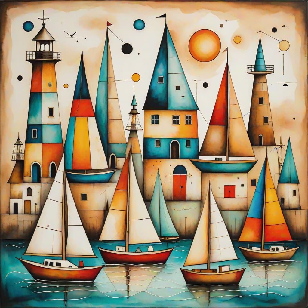 Surrealist Sailboats and Lighthouse in Pastel Hues