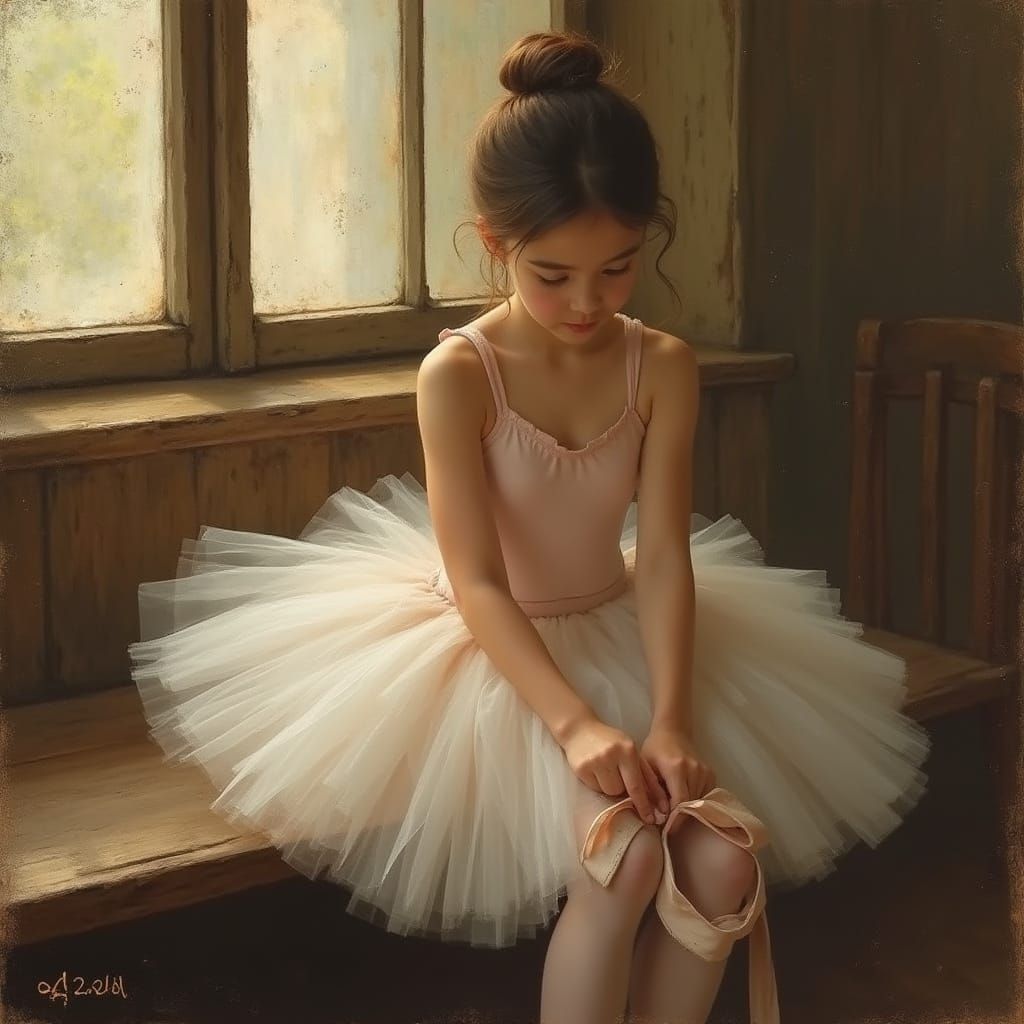 Ballet Dancer Prepares for Performance in a Soft, Golden Lig...