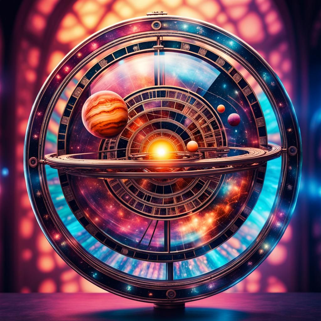 Ornate Astrolabe with Planets in Retro Synthwave Style