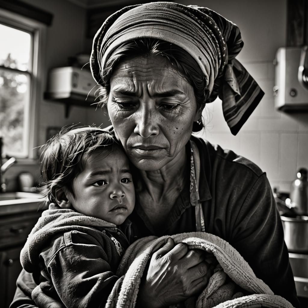 Exhausted Mother's Determination: A Candid Portrait